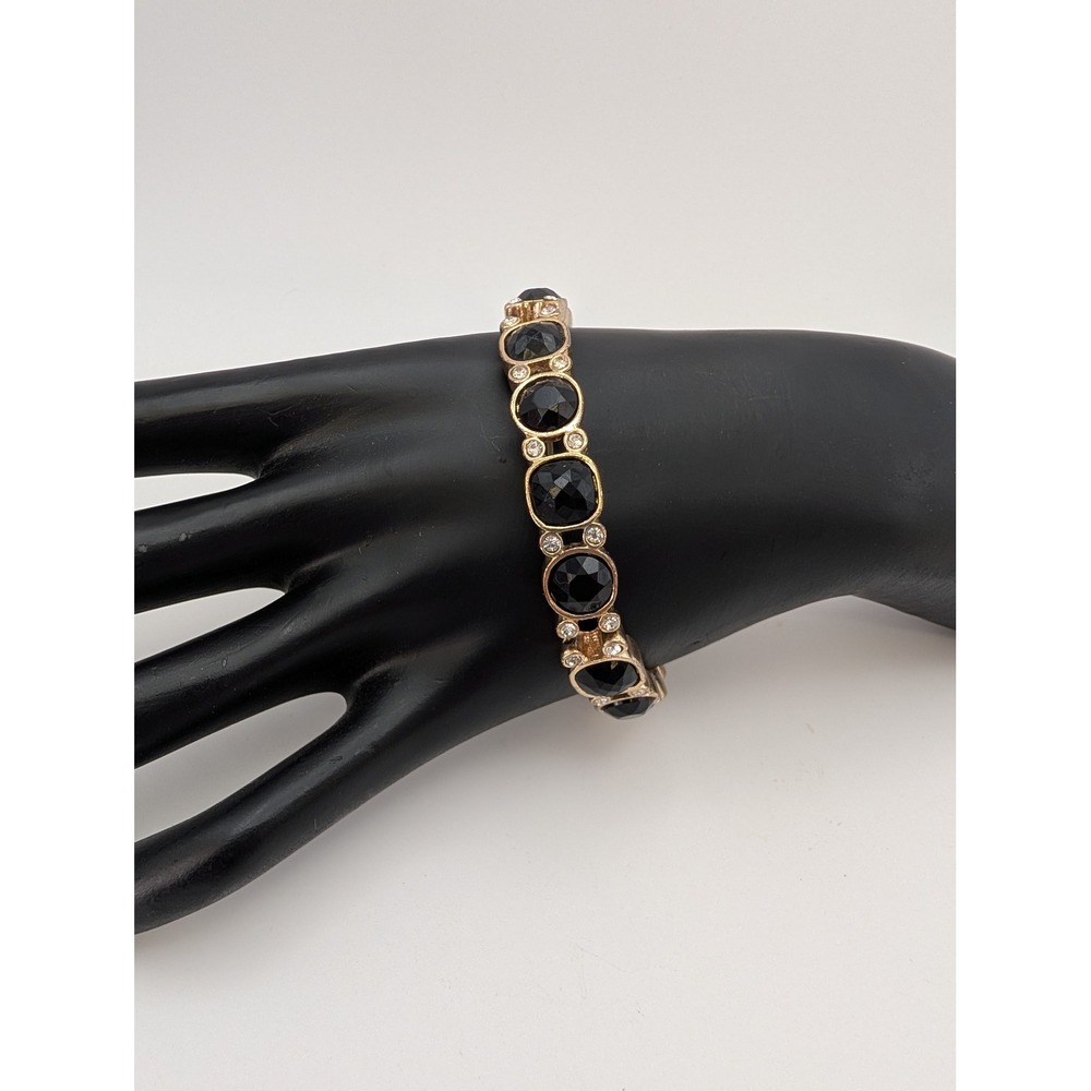 Unsigned Gold Tone Black Stone Rhinestone Stretch Link Bracelet
